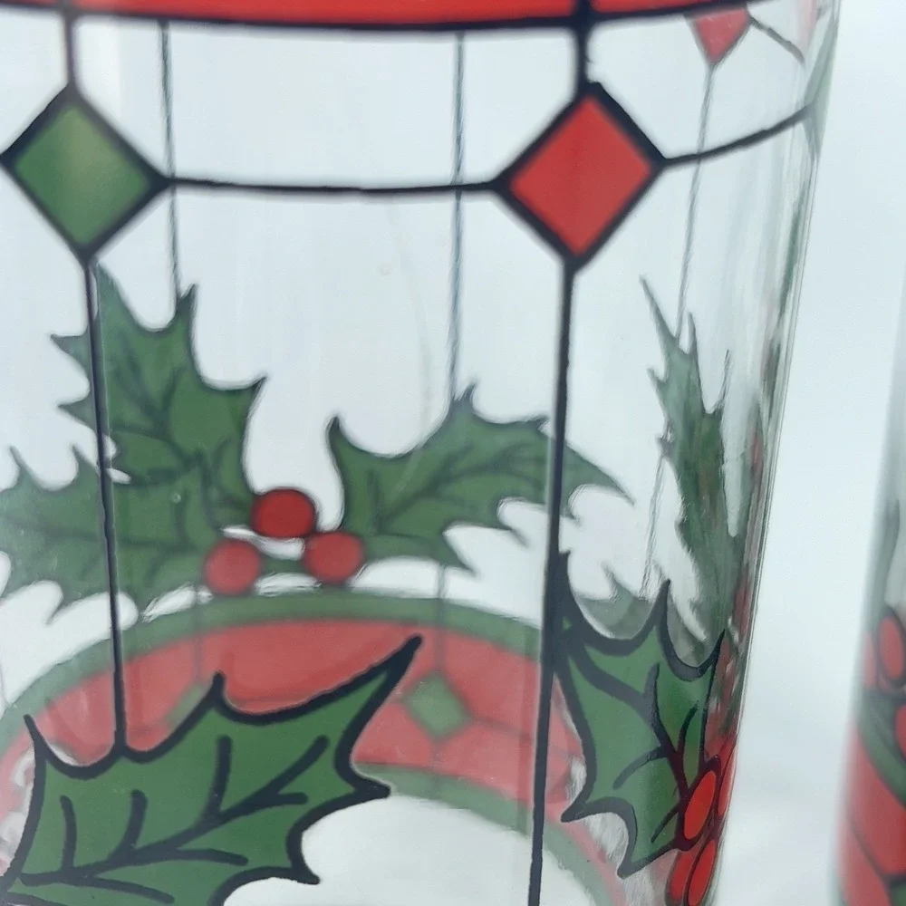 Vintage COCA COLA Christmas Holly Berry Stained Glass Drinking Glasses Set‎ Of 2